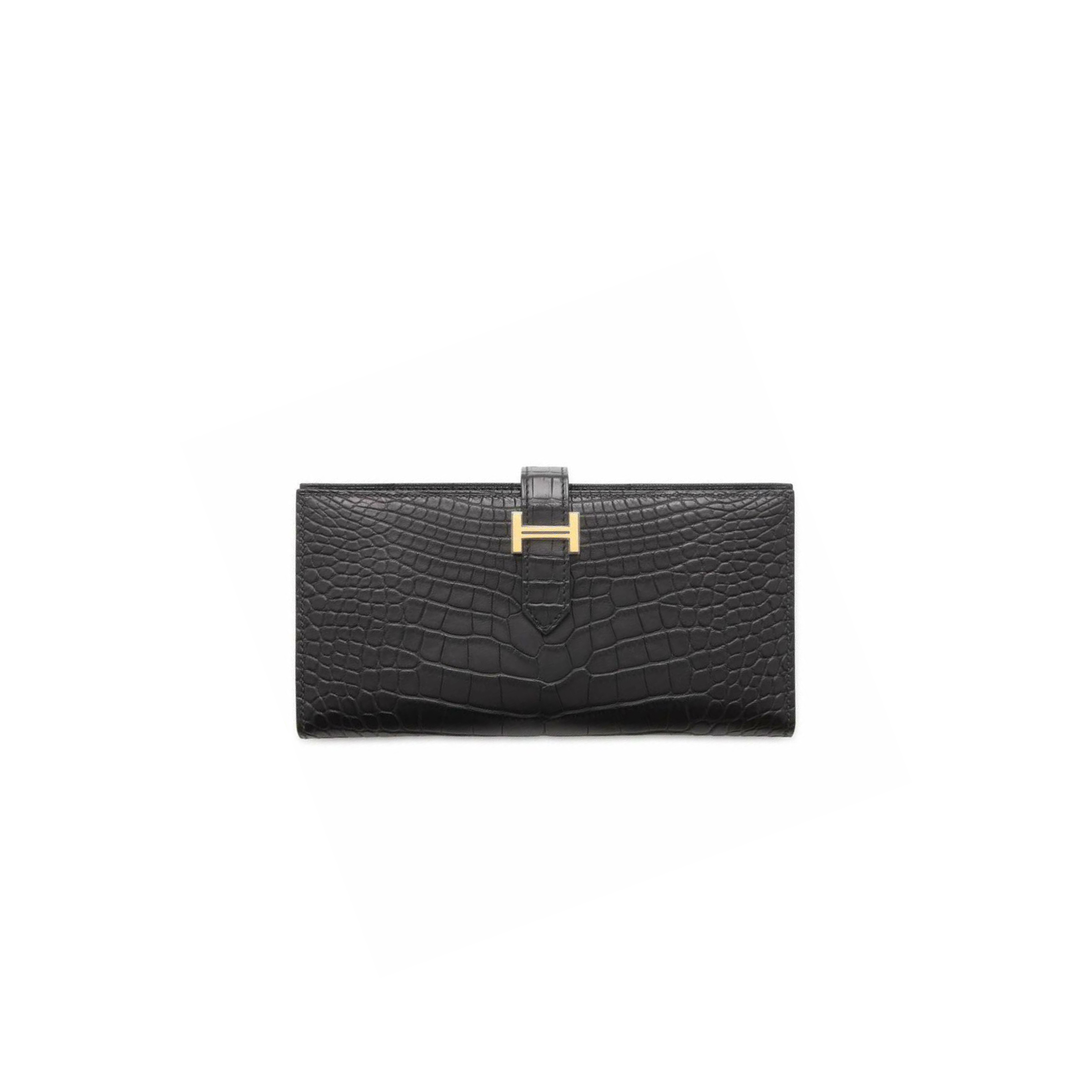 H**mes BEARN SOUFFLET LONG WALLET, BLACK GOLD HARDWARE, MATTE ALLIGATOR LEATHER (17.5*9cm)